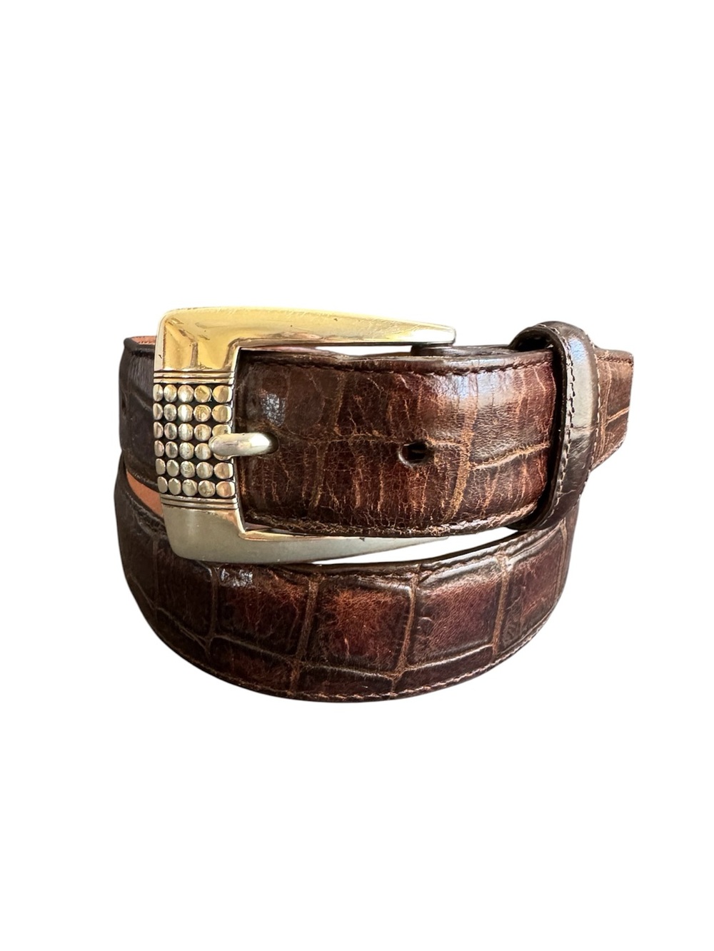 Vintage Brighton Brown Leather Belt Crocodile Embossed Silver Tone Buckle 30